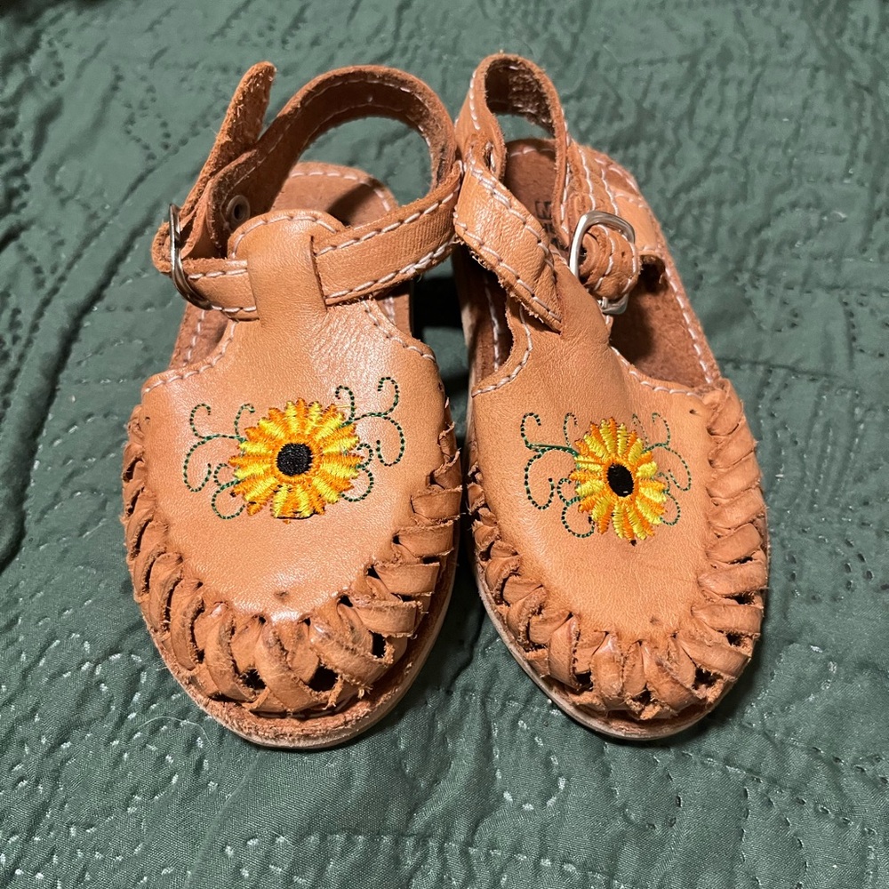 Sunflower Embroidered Kids Leather Sandals